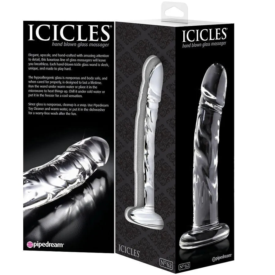 Gode en verre borosilicate transparent, veineux, courbé, texturé, avec poignée ergonomique, sur fond d'emballage noir.