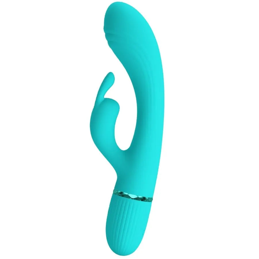 Vibromasseur rabbit silicone turquoise 10 fonctions vibration tête incurvée
