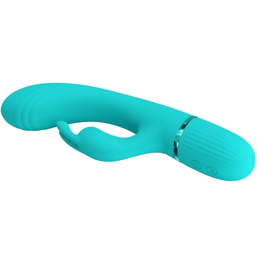Vibromasseur rabbit silicone turquoise 10 fonctions vibration tête incurvée
