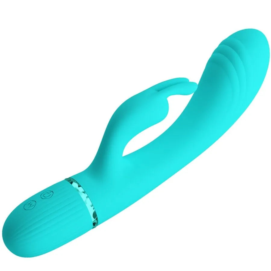 Vibromasseur rabbit silicone turquoise 10 fonctions vibration tête incurvée