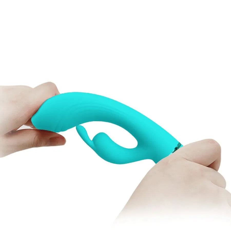 Vibromasseur rabbit silicone turquoise 10 fonctions vibration tête incurvée
