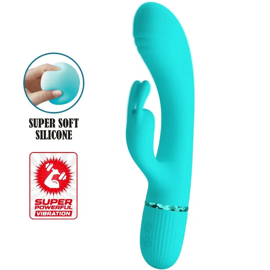 Vibromasseur rabbit silicone turquoise 10 fonctions vibration tête incurvée
