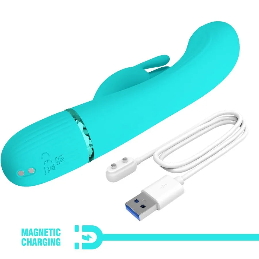 Vibromasseur rabbit silicone turquoise 10 fonctions vibration tête incurvée