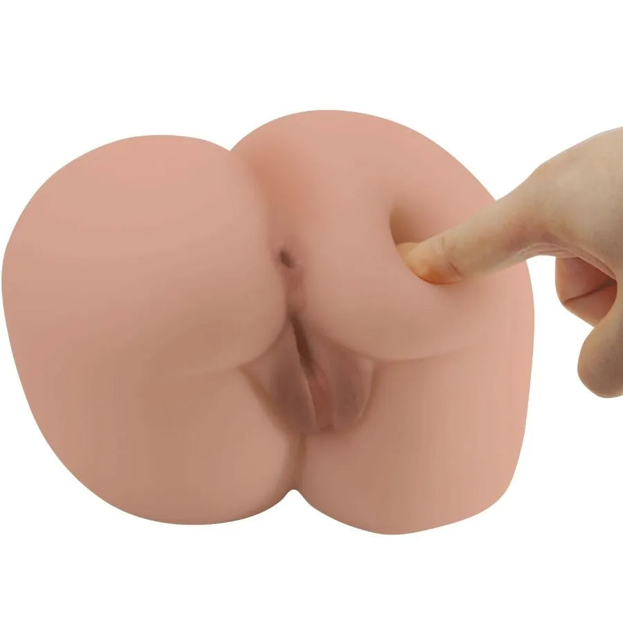 Vibromasseur réaliste en silicone couleur chair avec vagin et anus, télécommande incluse, texture nervurée stimulante.