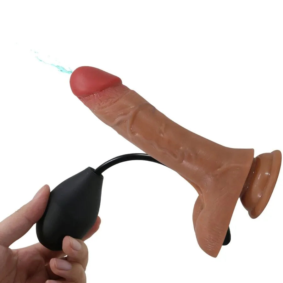 Gode vibrant marron réaliste avec harnais réglable, fonction giclante, texture TPR pour stimulation intime.