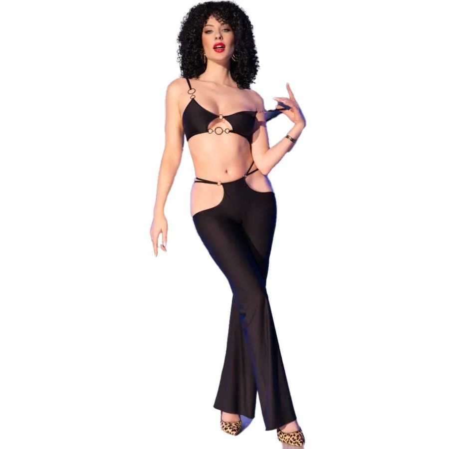 Ensemble lingerie noir CHILIROSE CR 4851, accessoires dorés, tissu extensible, coupes latérales, élégant et sensuel.