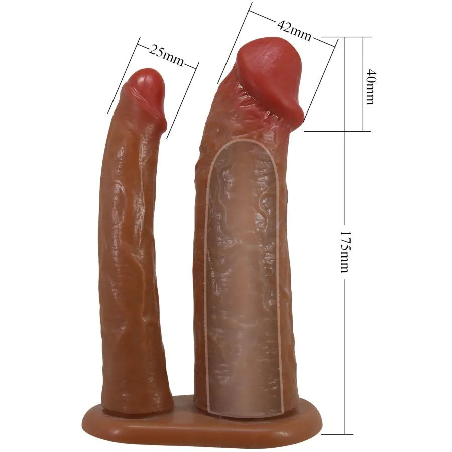 Gode ceinture creux marron en silicone réaliste, harnais réglable, stimulation intime, dimensions visibles, texture douce.