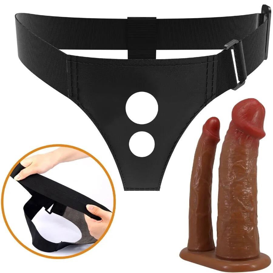 Gode ceinture creux marron réaliste avec harnais élastique réglable en silicone et nylon, stimulation intime pour couples.