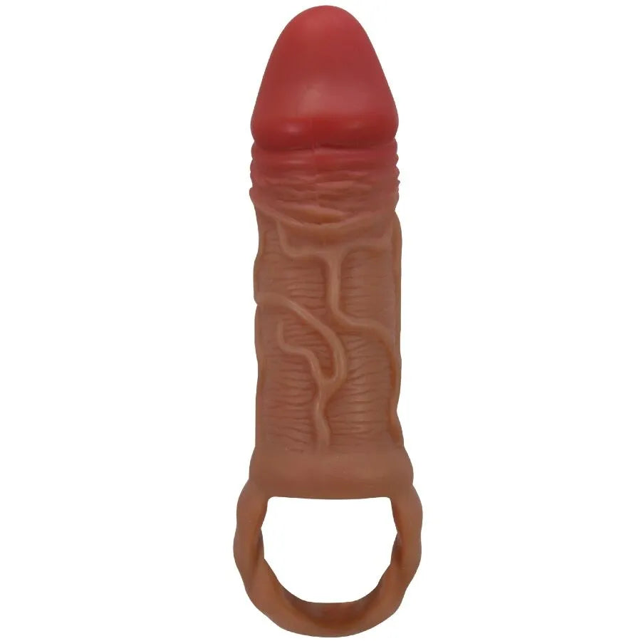 Extenseur manchon pénis texturé ondulé en TPR beige et rouge, avec anneau testicules, flexible et étanche.