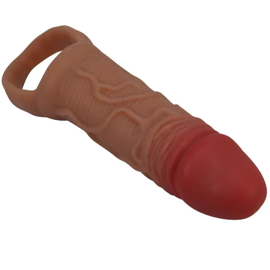 Extenseur pénis testicules TPR texturé ondulé, couleur chair et rouge, flexible, étanche, pour sensation intensifiée.