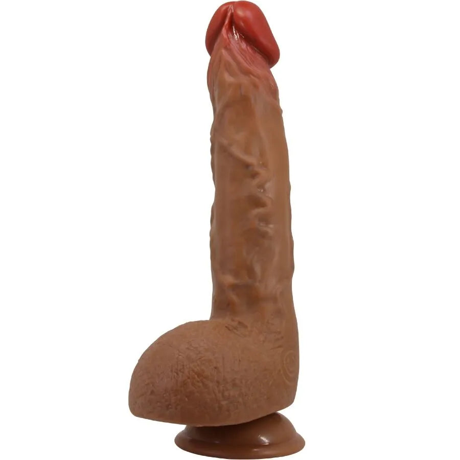 Gode réaliste vibrant rotatif 25cm mulato avec texture veinée, ventouse, gland et testicules, en TPR souple et étanche.