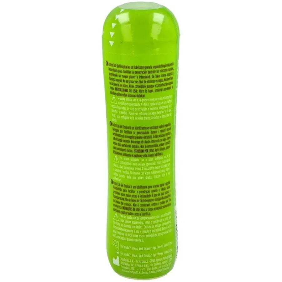 Flacon vert de 75ml de Control Gel Lubrifiant Eau Tropical, texte descriptif visible, sans parabènes, hypoallergénique.