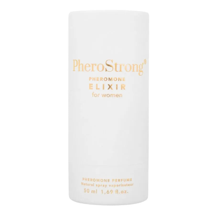 Flacon blanc de parfum PheroStrong pour femmes, design élégant, 50 ml, notes agrumes tropicaux, musc, vanille.