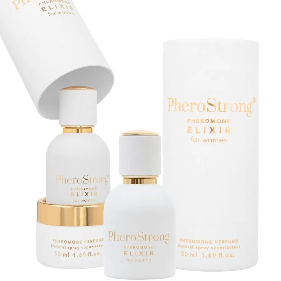 Flacon blanc élégant de parfum PheroStrong pour femmes, avec détails dorés, évoquant agrumes tropicaux et musc.