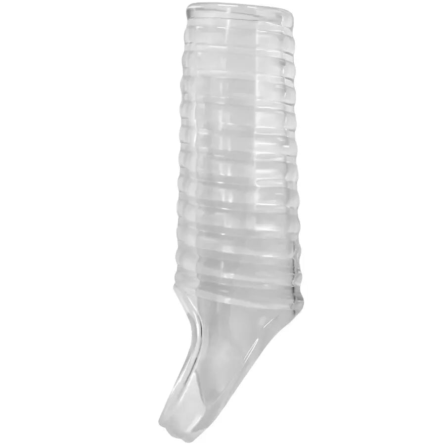 Manchon pénis transparent TPR extensible, texture nervurée, améliore érection et endurance, étanche, durable.