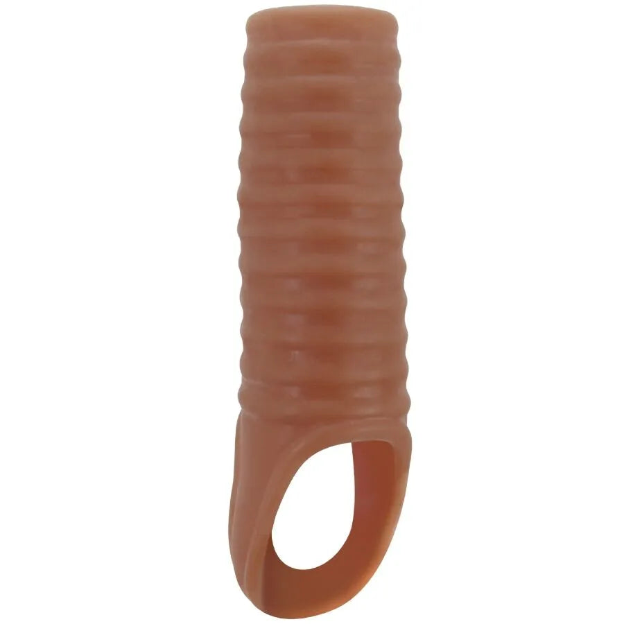 Gaine pénis extensible TPR marron, texture nervurée, forme cylindrique, pour érections prolongées et plaisir accru.