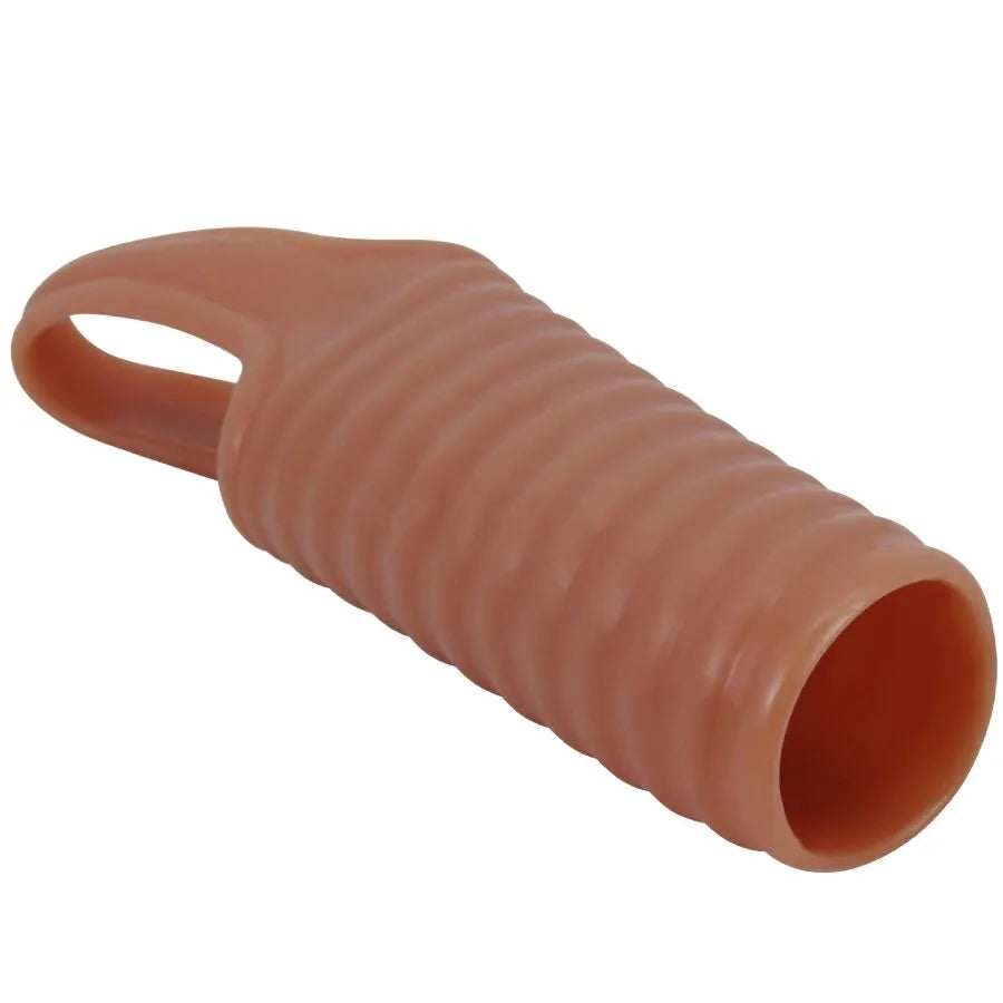 Gaine pénis extensible TPR marron, texturée, réaliste, durable, pour prolonger érection et retarder éjaculation.