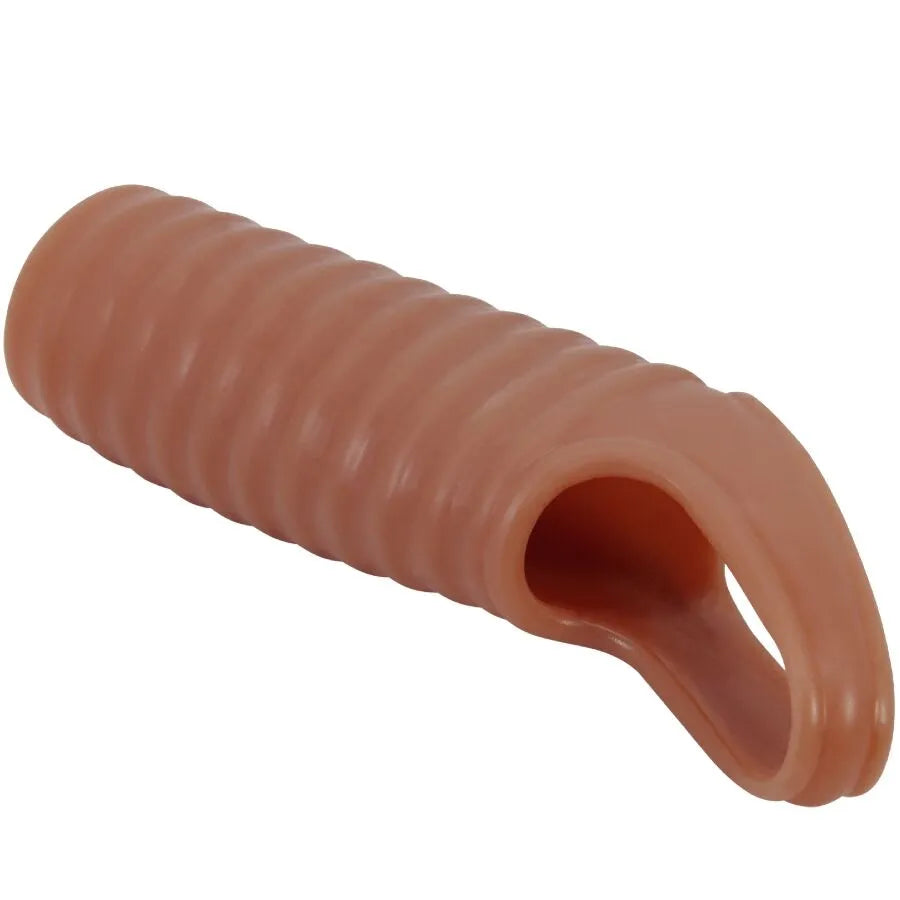Gaine pénis extensible TPR beige réaliste nervurée, améliore érection et endurance, plaisir durable et satisfaction optimale.