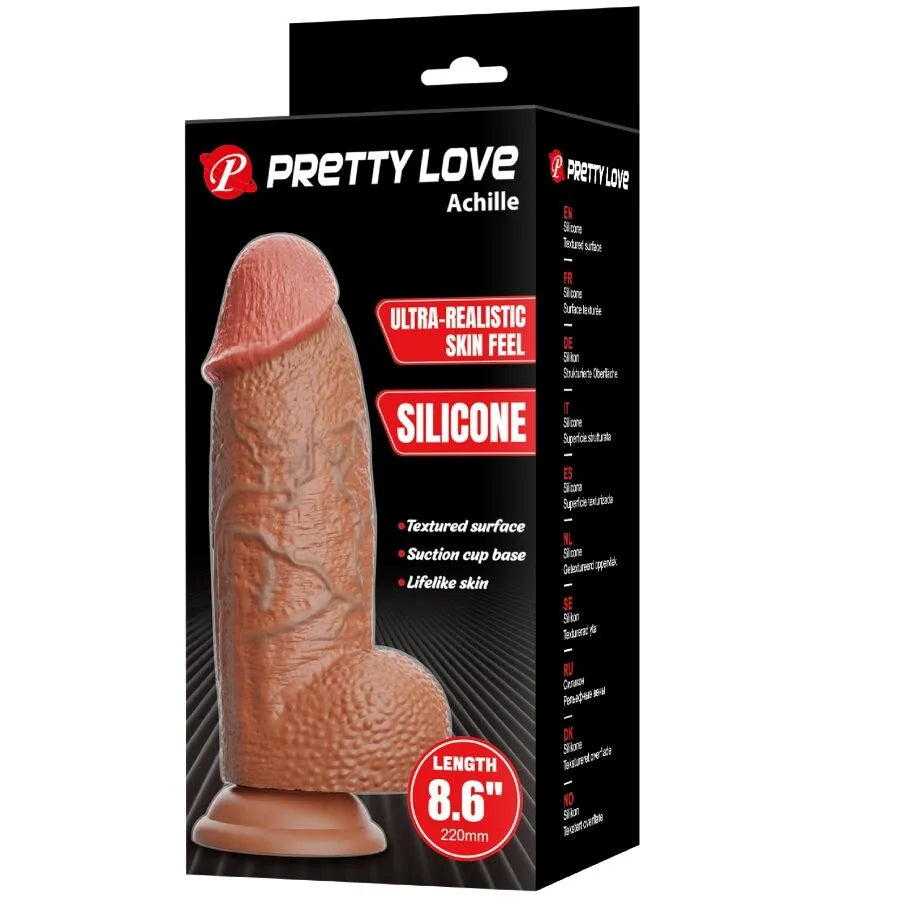 Gode silicone réaliste 22cm avec ventouse, texture veiné bulbeuse, couleur chair, emballage noir et rouge, stimulation int...