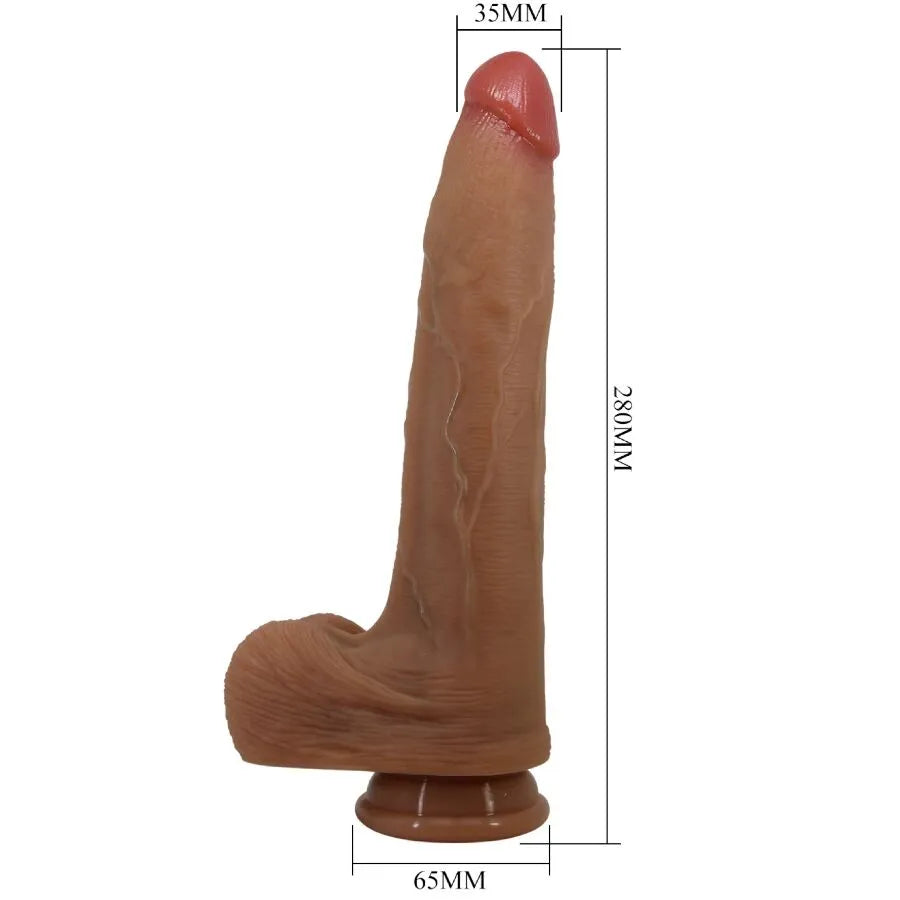 Gode silicone réaliste 28cm, couleur chair, ventouse, tête bulbeuse, tige veinée, testicules texturées, compatible harnais.