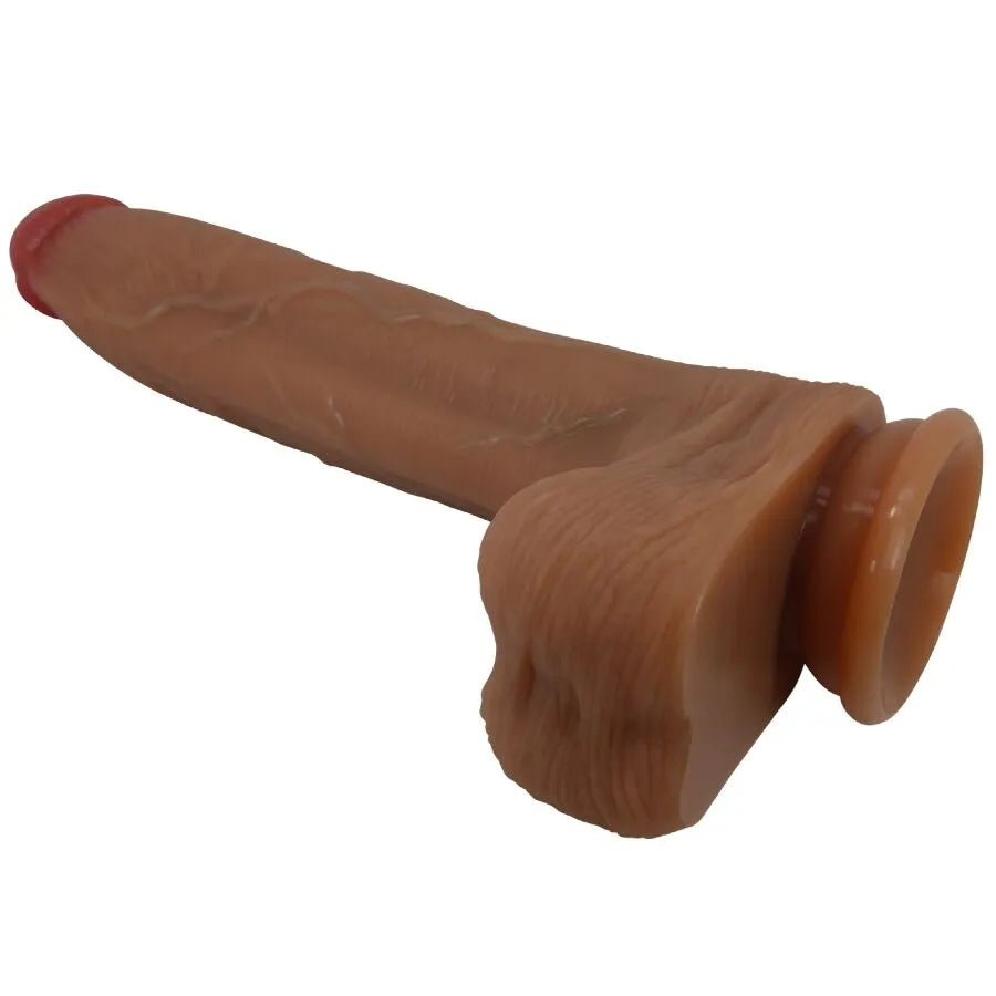 Gode silicone réaliste brun avec ventouse, veinures détaillées, tête bulbeuse, testicules texturées, 28cm, stimulation int...