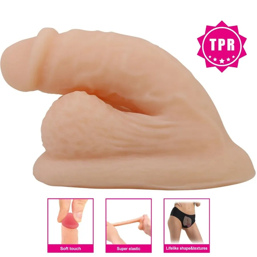 Gode réaliste TPR beige, tête bulbeuse, tige veinée, ventouse puissante, compatible harnais, stimulation interne.