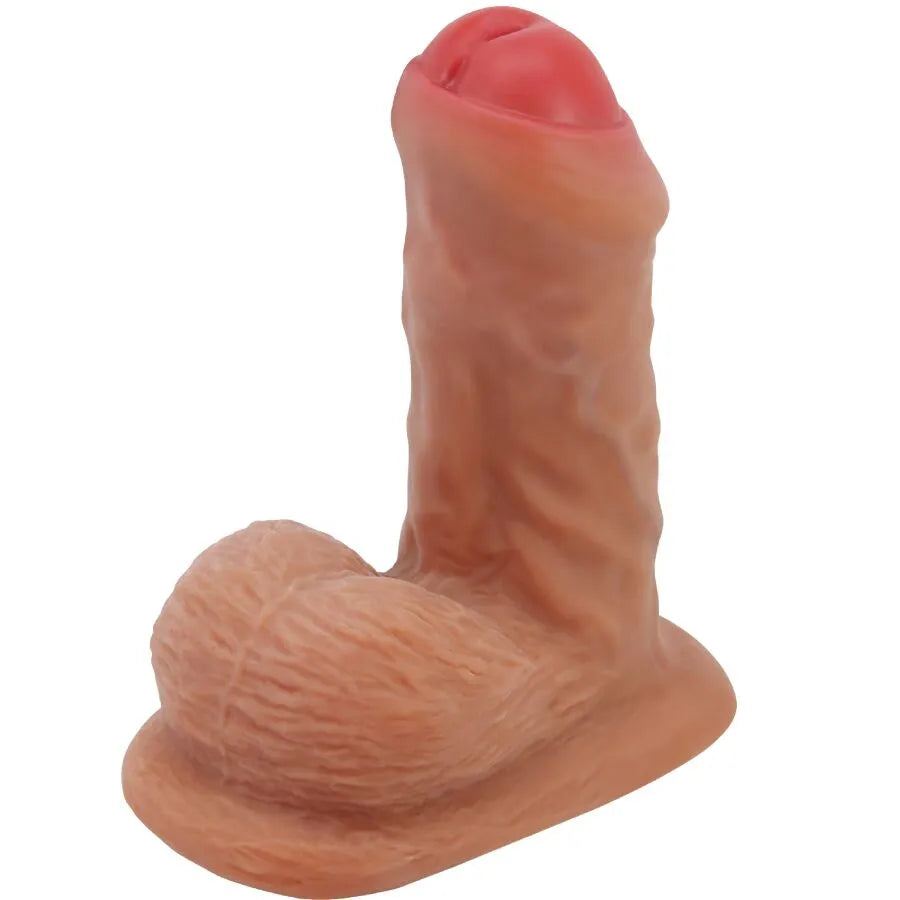 Gode réaliste ventouse TPR beige, tête bulbeuse rouge, tige veinée, testicules texturés, stimulation intense.