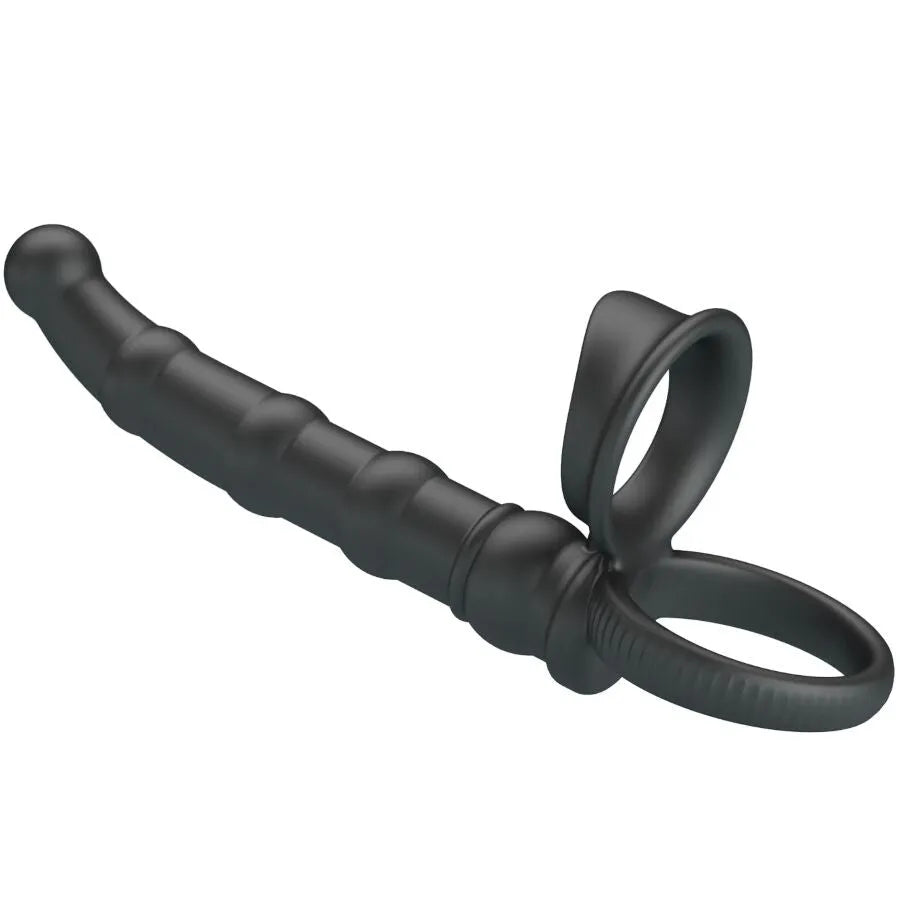 Anneau pénien vibrant noir en silicone, double pénétration, 10 modes de vibration, moteur puissant, design ergonomique.