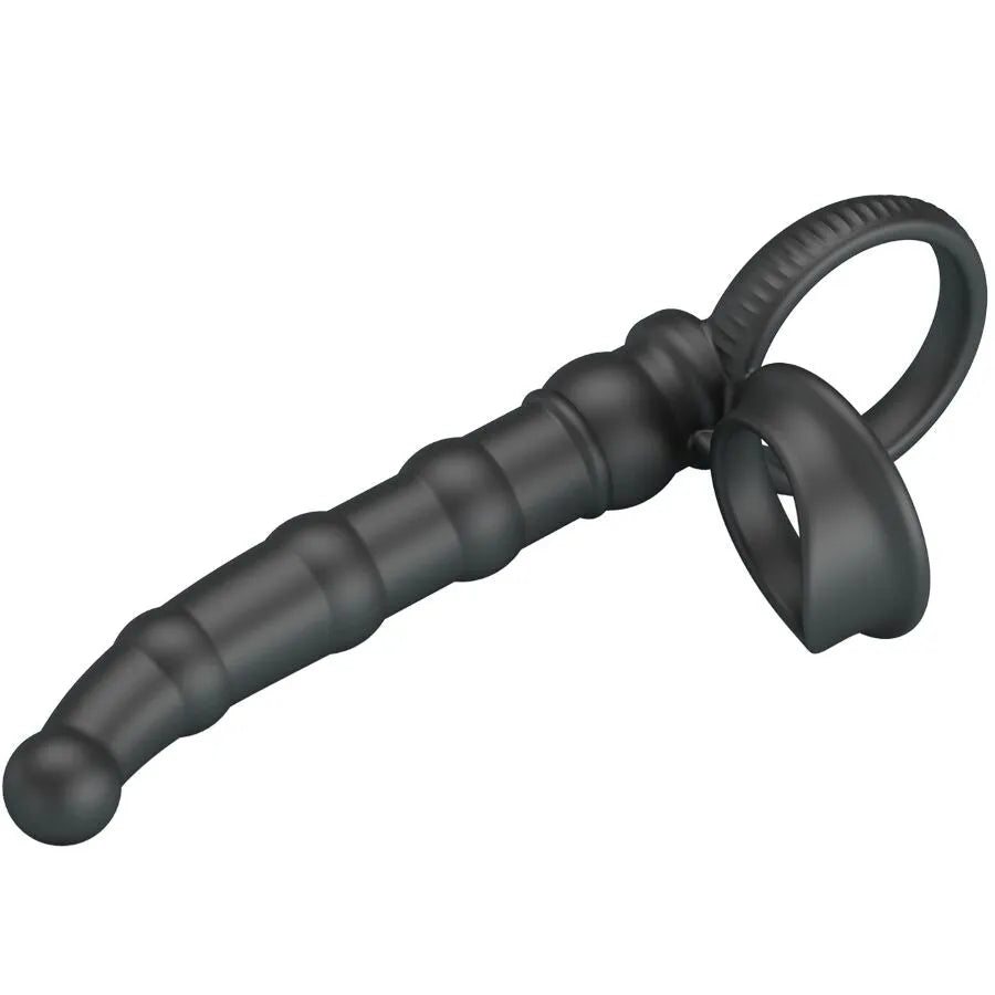 Anneau pénien vibrant noir en silicone, double pénétration, 10 vibrations, moteur puissant, ergonomique et discret.