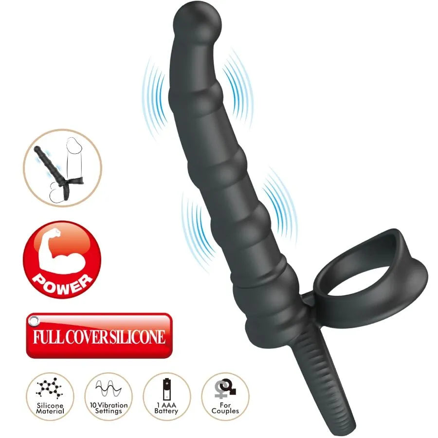 Anneau pénien vibrant noir en silicone, double pénétration, 10 vibrations, moteur puissant, ergonomique et discret.