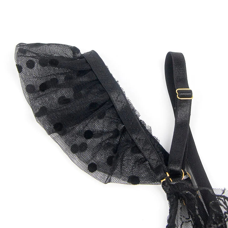 Bretelle réglable en dentelle noire avec motifs floraux, porte-jarretelles élégant, confort et féminité assurés.