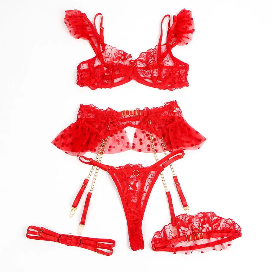Ensemble lingerie dentelle rouge avec porte-jarretelles, soutien-gorge à bretelles réglables, culotte florale élégante.