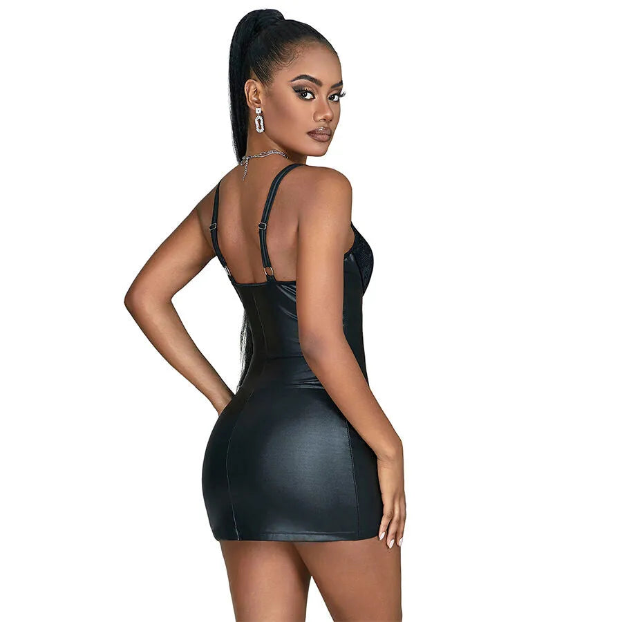 lingerie sexy similicuir noir dentelle florale transparente fermeture éclair avant extensible confortable ajustable sculptante séduction sensuelle audacieuse