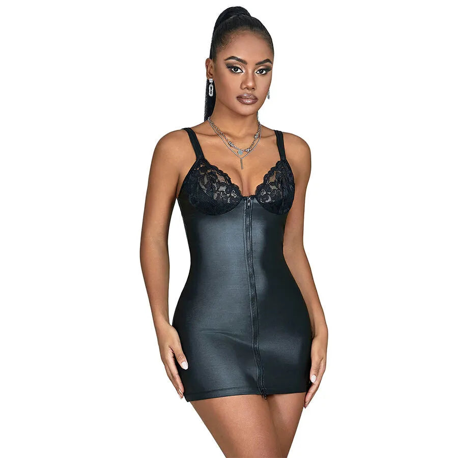 lingerie sexy similicuir noir dentelle florale transparente fermeture éclair avant extensible confortable ajustable sculptante séduction sensuelle audacieuse