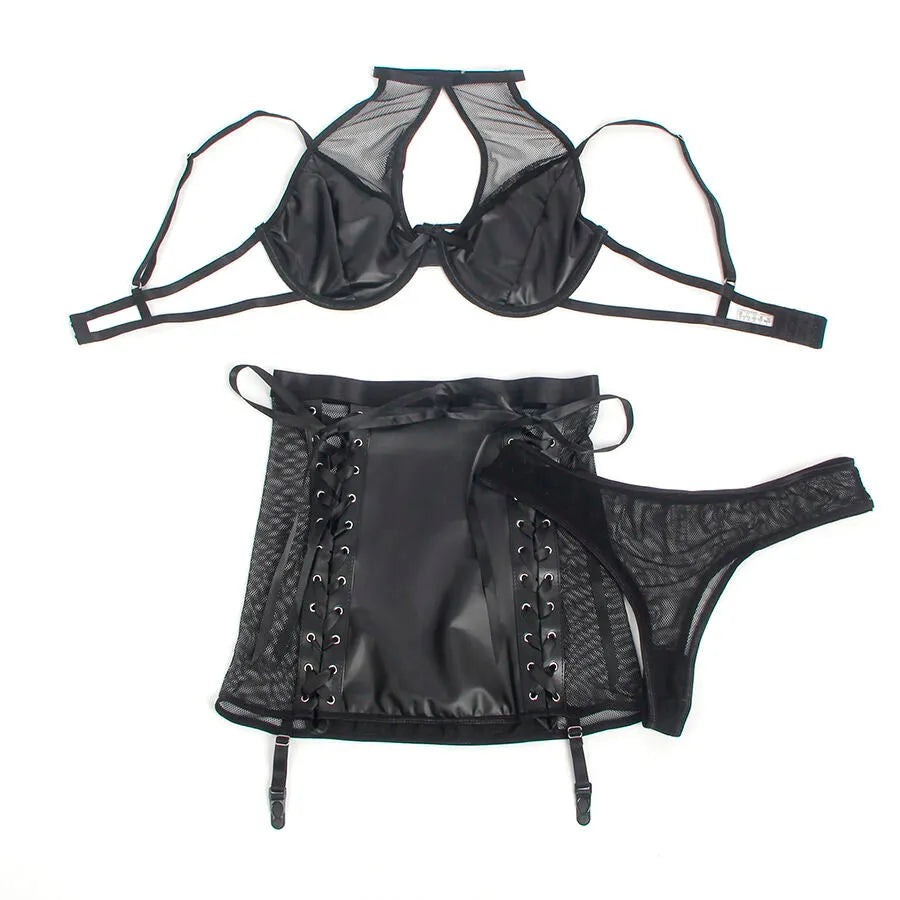 Ensemble lingerie cuir PU noir, col licou, porte-jarretelles intégré, maille translucide, bretelles réglables.
