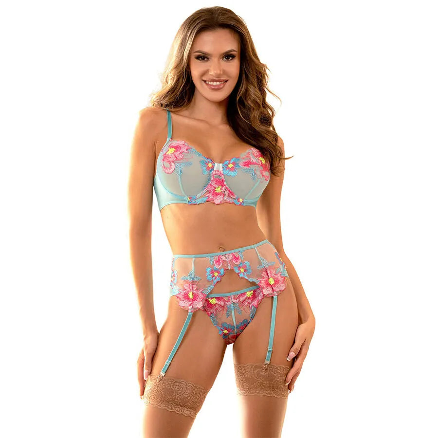 ensemble lingerie maille bleue florale soutien gorge porte jarretelles sexy femme dentelle translucide bretelles réglables maintien ajustable polyester élasthanne élégance