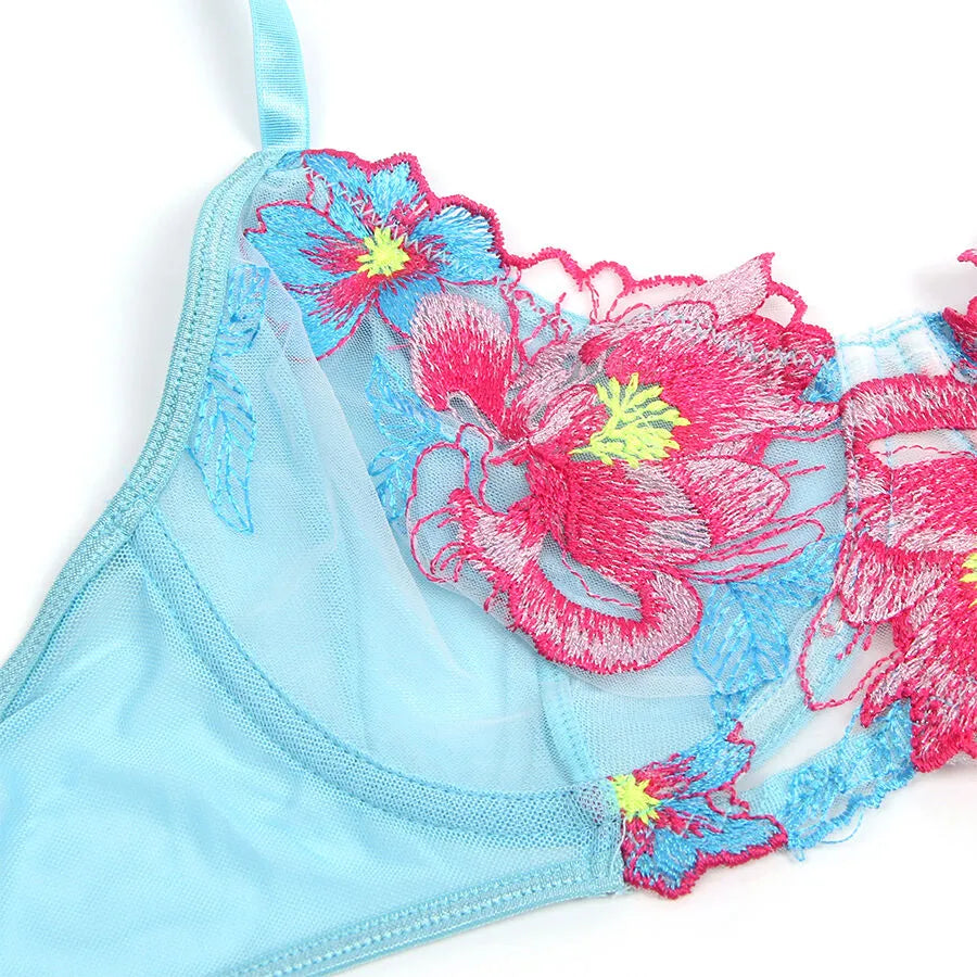 Ensemble lingerie bleu floral, dentelle translucide, soutien-gorge et porte-jarretelles, bretelles réglables, élégant.