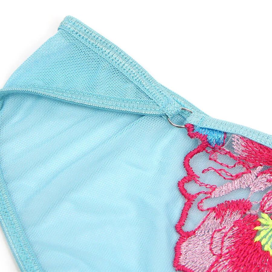 Ensemble lingerie bleu maille florale relief, dentelle transparente, bretelles réglables, taille LXL, élégant et sensuel.