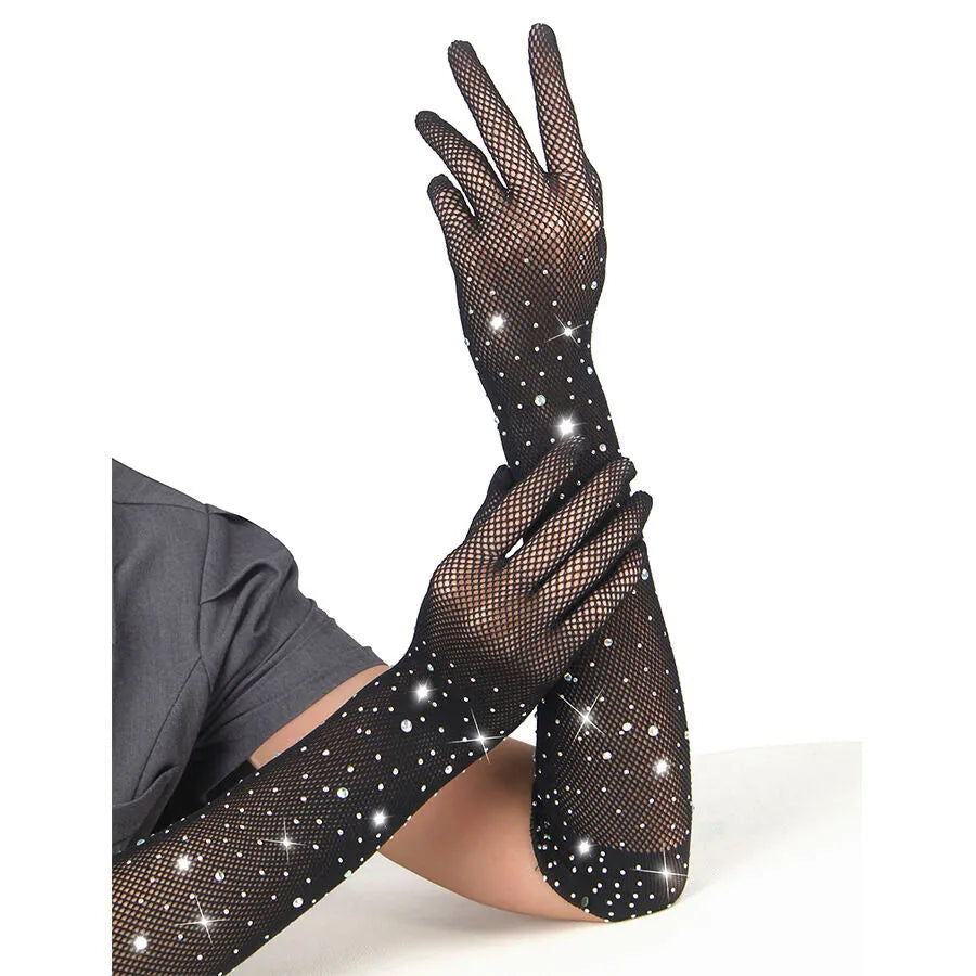 Gants noirs pailletés en résille avec strass, élégants et sophistiqués, pour soirées glamour, taille S M.