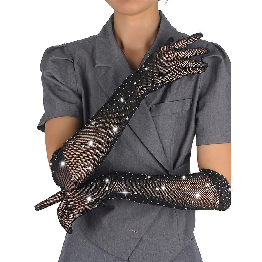 gants noirs pailletés scintillants strassés appliqués diamant élégants sophistiqués sensuels raffinés luxueux extensibles confortables transparents légers taille S M