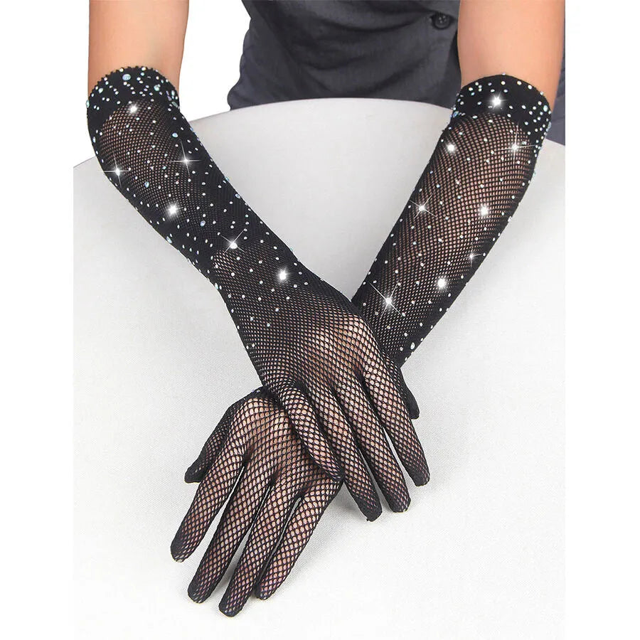 Gants noirs longs en résille pailletés avec strass, élégants et sophistiqués, pour soirées glamour et chic.