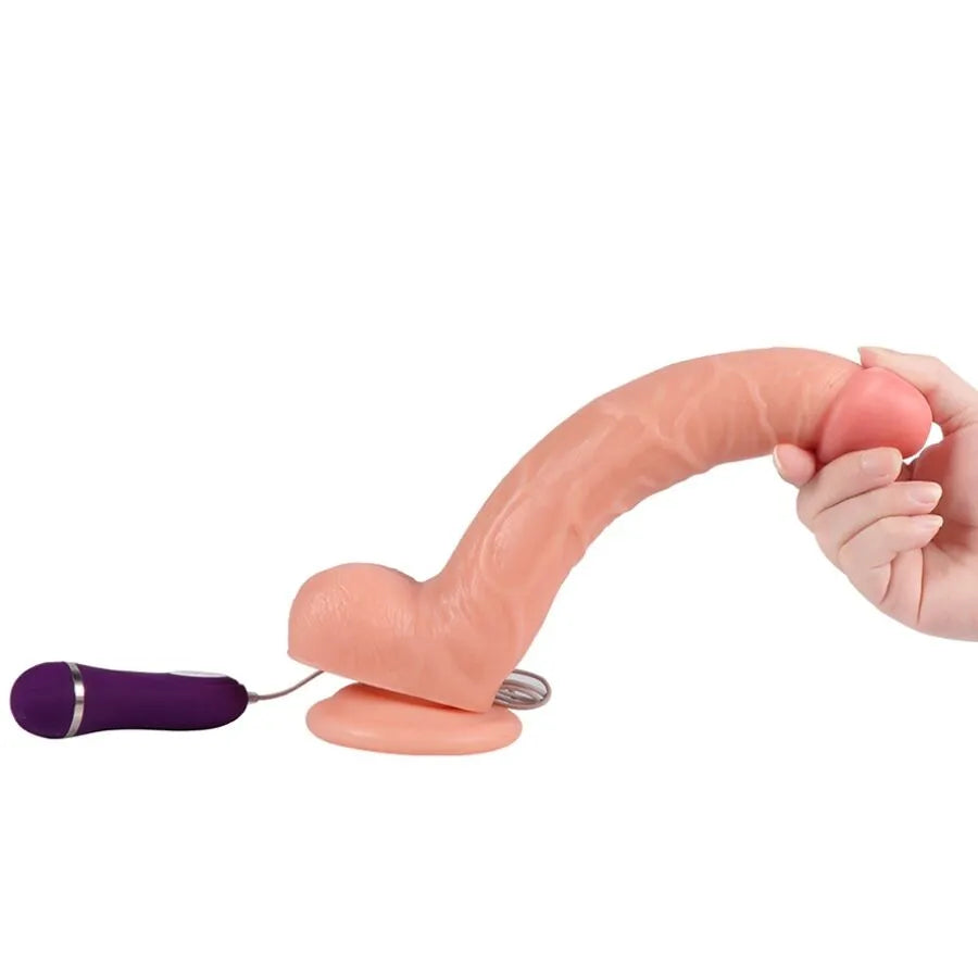 Gode vibrant réaliste en silicone rose avec télécommande violette, ventouse et détails anatomiques, étanche IPX7.