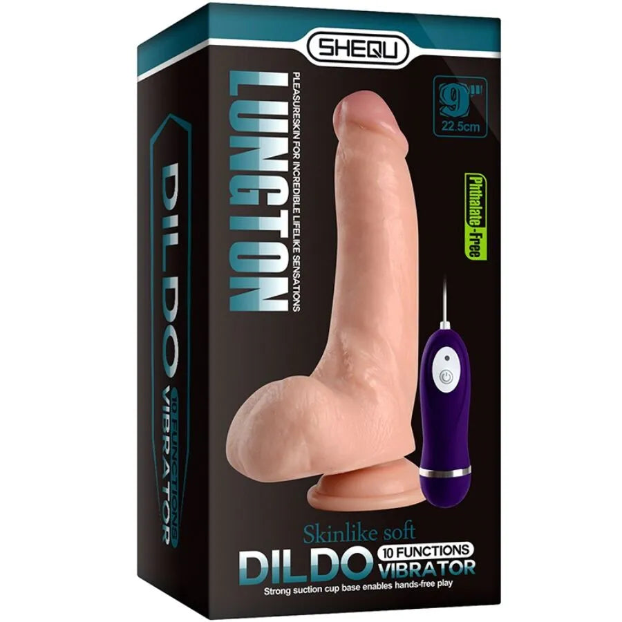 Gode vibrant réaliste en silicone médical beige avec ventouse, télécommande violette, dans une boîte noire SHEQU.