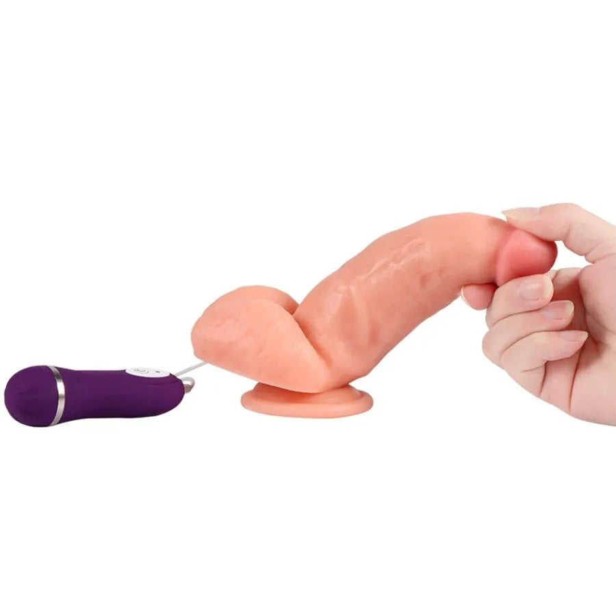 Gode vibrant réaliste 16cm silicone hypoallergénique, couleur chair, télécommande violette, ventouse, étanche.