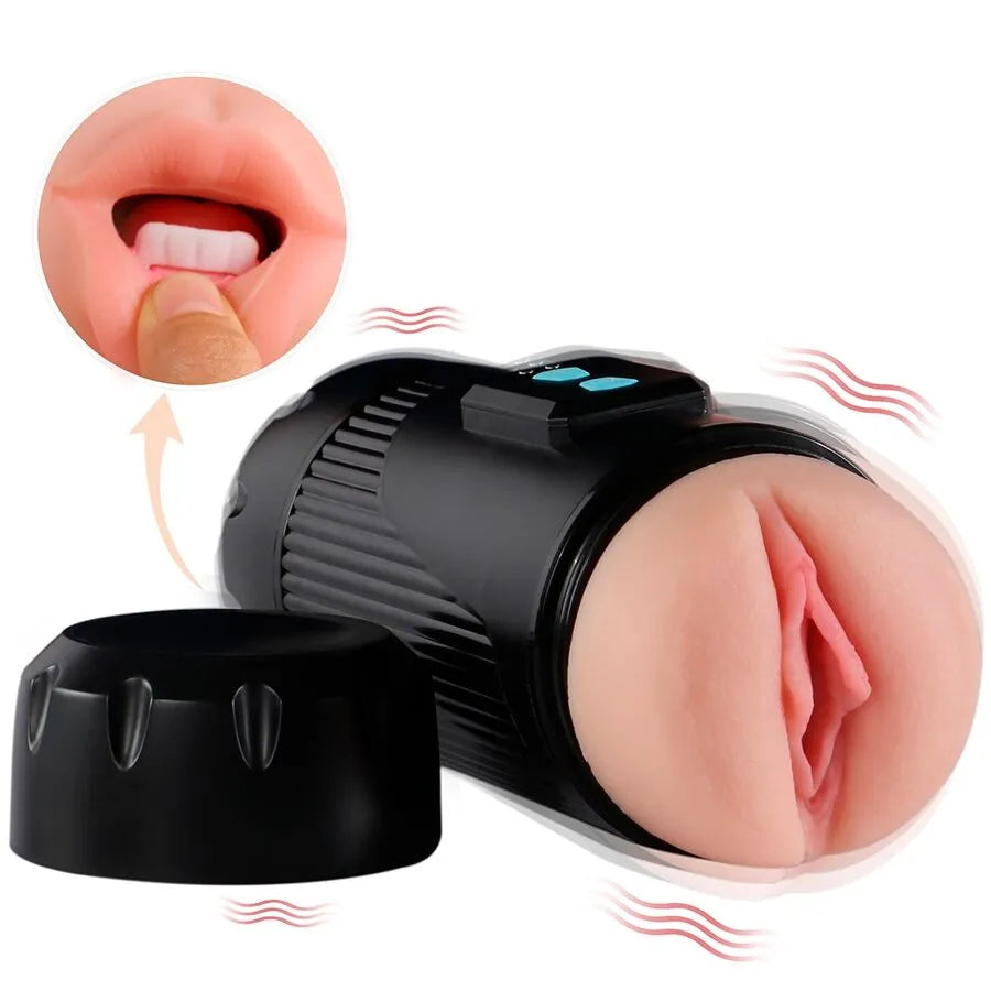masturbateur silicone TPE double vibration réaliste bouche vagin rechargeable ergonomique discret multisensoriel réglable texture peau portable silencieux compact
