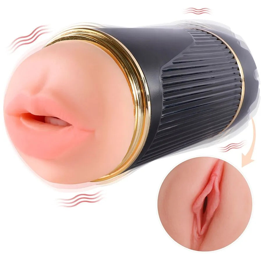 masturbateur silicone TPE double vibration réaliste bouche vagin rechargeable ergonomique discret multisensoriel réglable texture peau portable silencieux compact