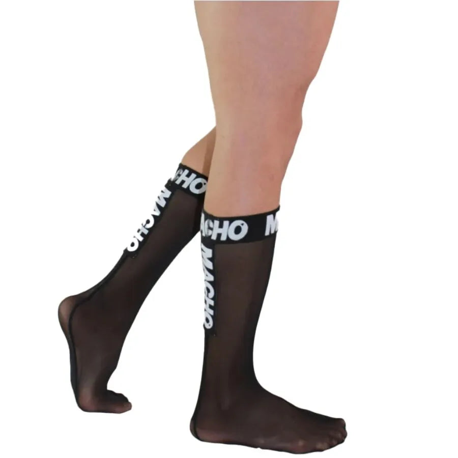 Chaussettes noires semi-transparentes, élastiques, avec bandeau MACHO, confortables et élégantes pour occasions spéciales.
