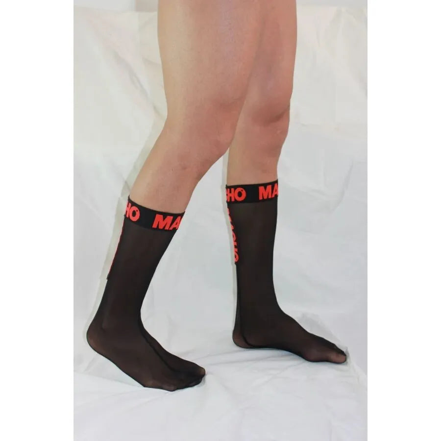 Chaussettes noires semi-transparentes avec bande rouge MACHO, design séduisant et élastique, confort et style audacieux.
