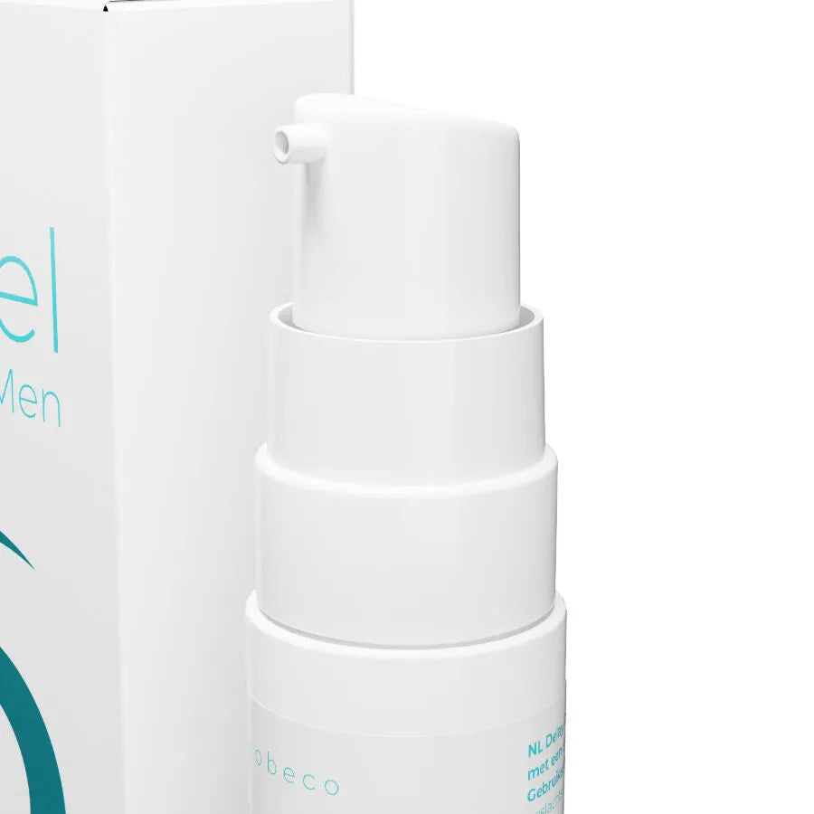 Flacon blanc de gel retardateur Viagel pour homme, 30 ml, avec pompe, sur fond de boîte partiellement visible.