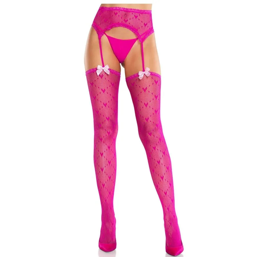 bas portejarretelles cœur romantique finition douce transparentes magenta élégant séduisant motif espiègle extensible nylon élasthanne secondepeau confort tailleunique maintien glamour